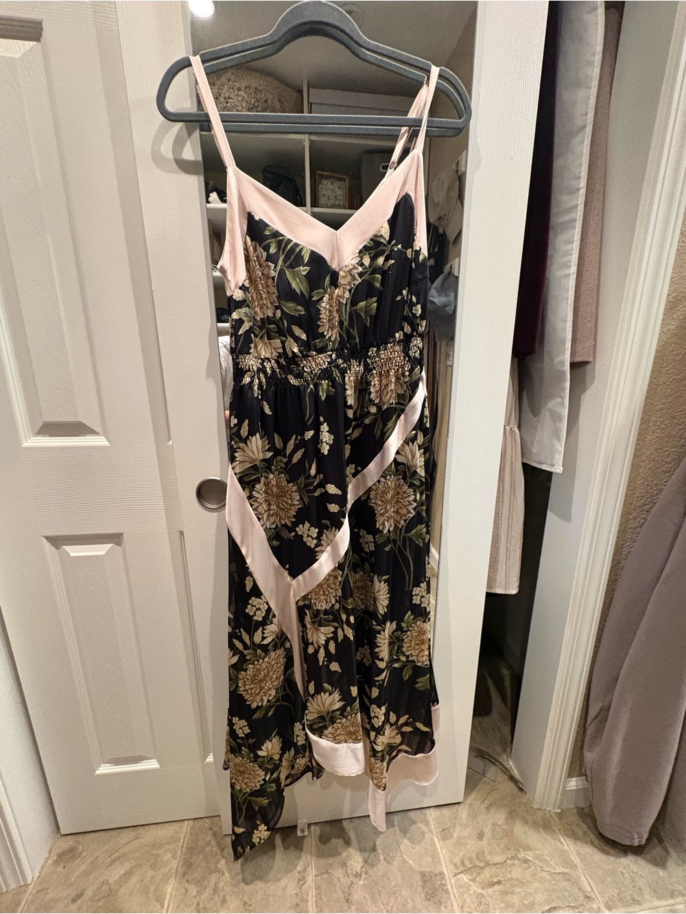 BCBGMaxAzria Black Floral V-Neck Dress with Cream Trim